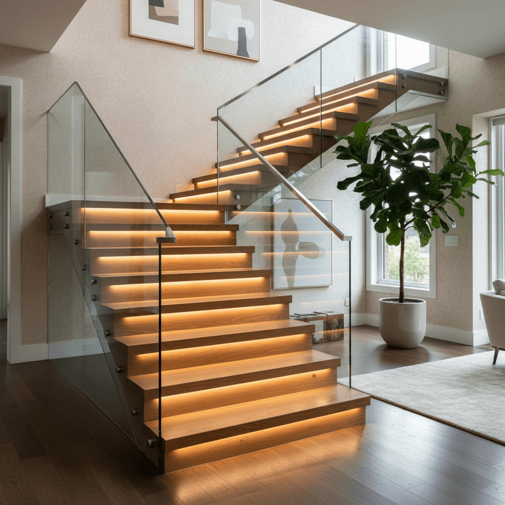 Well-lit wooden staircase with recessed step lights
