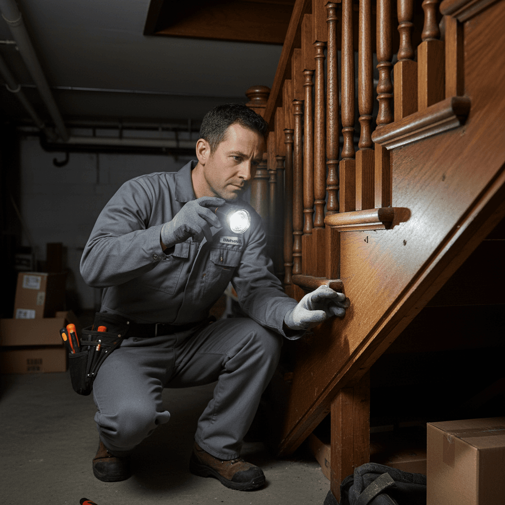 Technician inspecting a wooden staircase with a flashlight