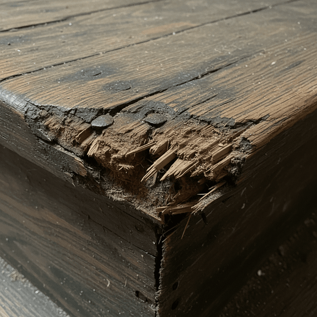 Close-up of a worn stair tread with visible damage