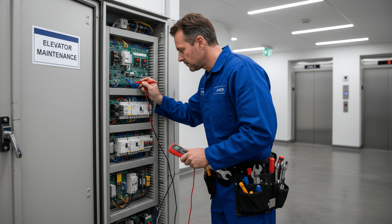Elevator technician inspecting control panel in a residential building