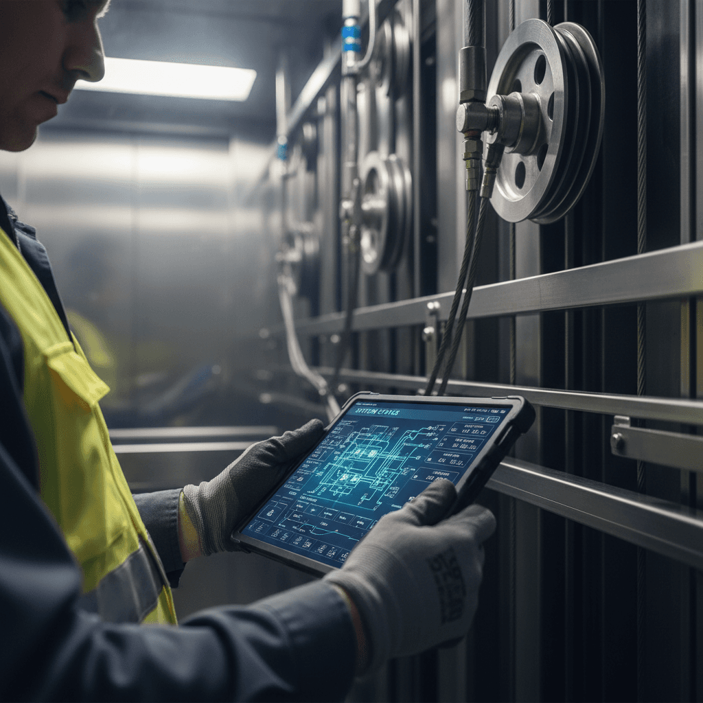 Elevator technician wearing safety vest examining diagnostic data on tablet while inspecting mechanical shaft components